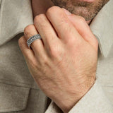 closeup image of men's silver Celtic Knot band ring on a model