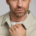 male model wearing gold and silver Claddagh band ring from Solvar