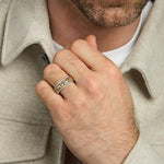 closeup image of mixed metal men's Claddagh band ring on a model