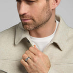 a male model wearing oxidised silver claddagh band ring from Solvar