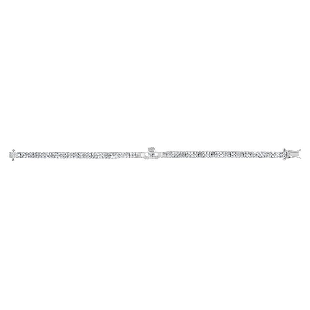 Product shot of the Claddagh tennis bracelet with white cubic zirconia set, presented fully open.