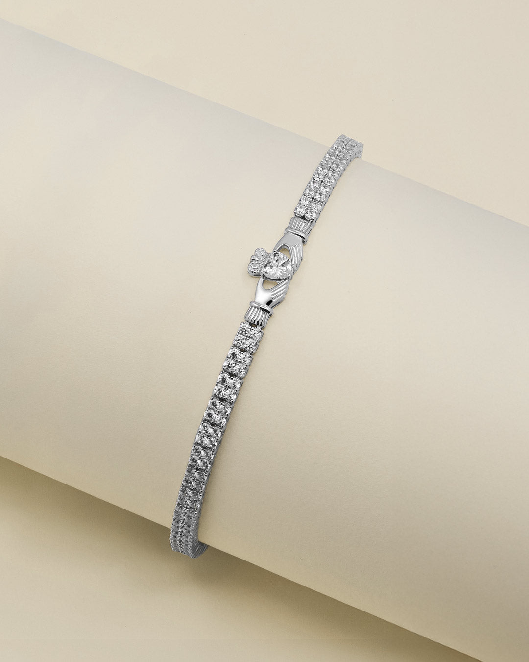 lifestyle image of multi cz Claddagh tennis bracelet from Solvar
