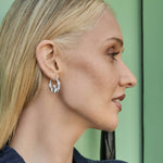 model wearing Claddagh hoop earrings in silver