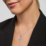 close-up image of woman wearing engraved celtic cross pendant from Solvar