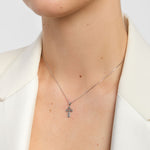 model wearing small marcasite celtic cross pendant from Solvar