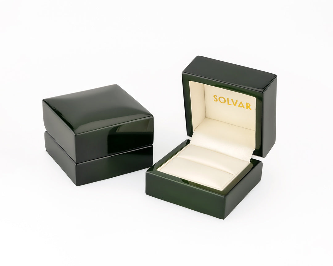 Luxury lacquer wooden ring box with Solvar logo