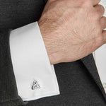 a model wearing silver trinity knot cufflinks from Solvar