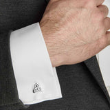 a model wearing silver trinity knot cufflinks from Solvar