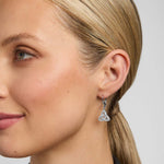 close-up image of a model wearing cubic zirconia Trinity Knot drop earrings from Solvar