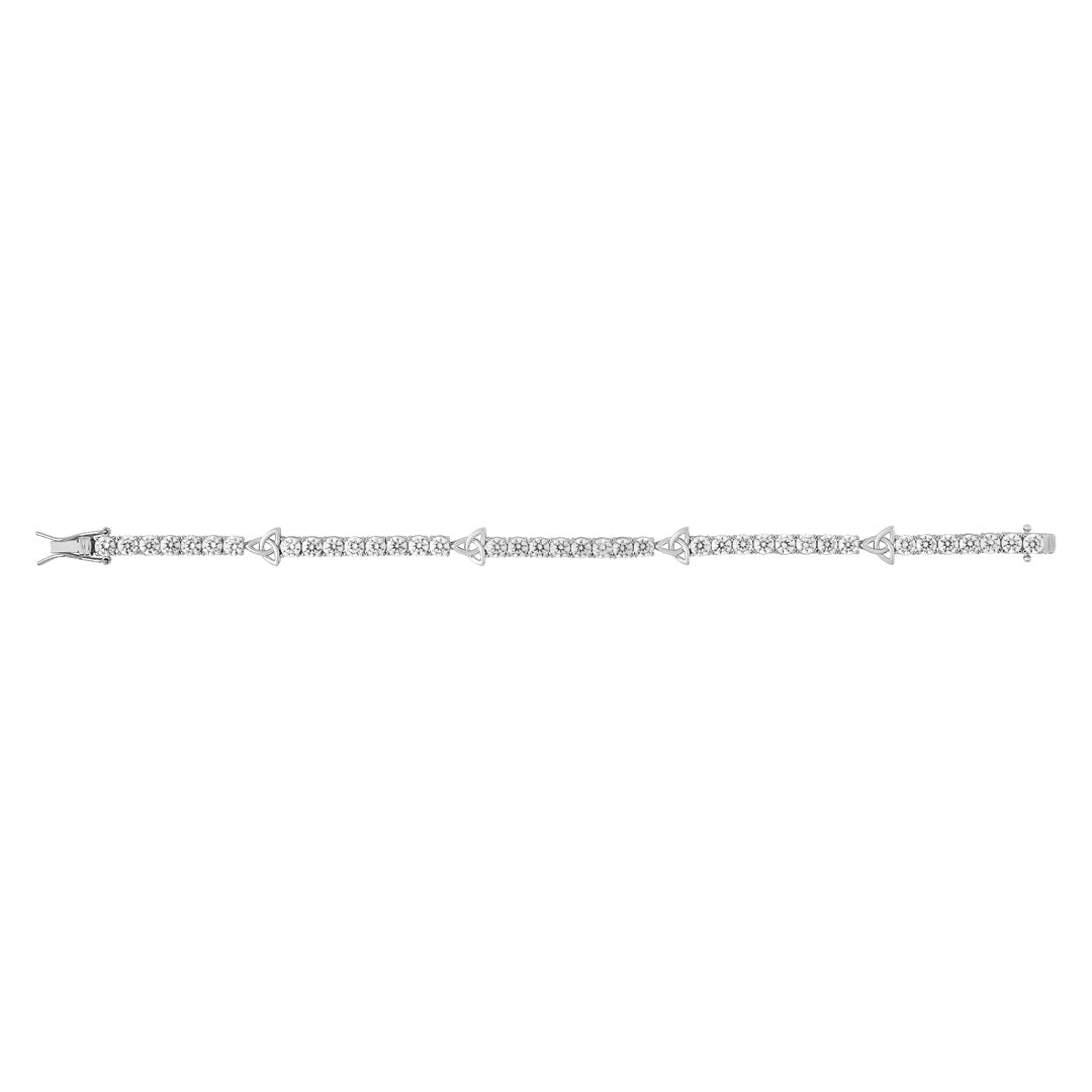 Product shot showing the white cubic zirconia Trinity Knot tennis bracelet laid out in its open state