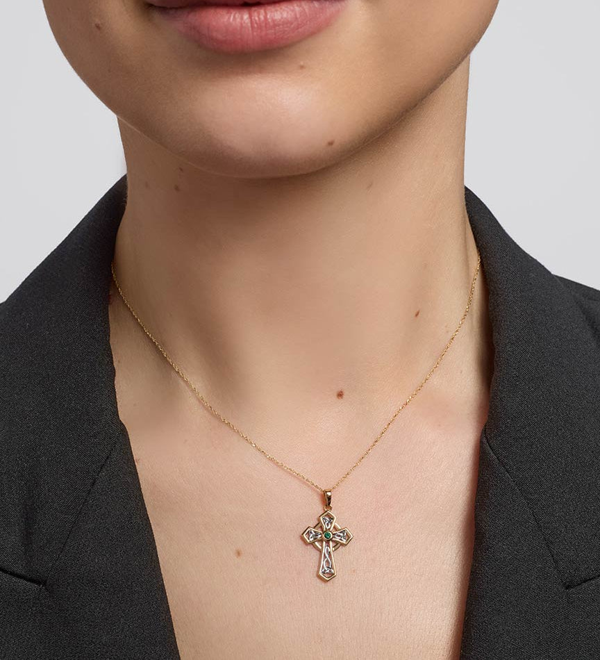 14k gold emerald cross pendant s45142 from Solvar on a model